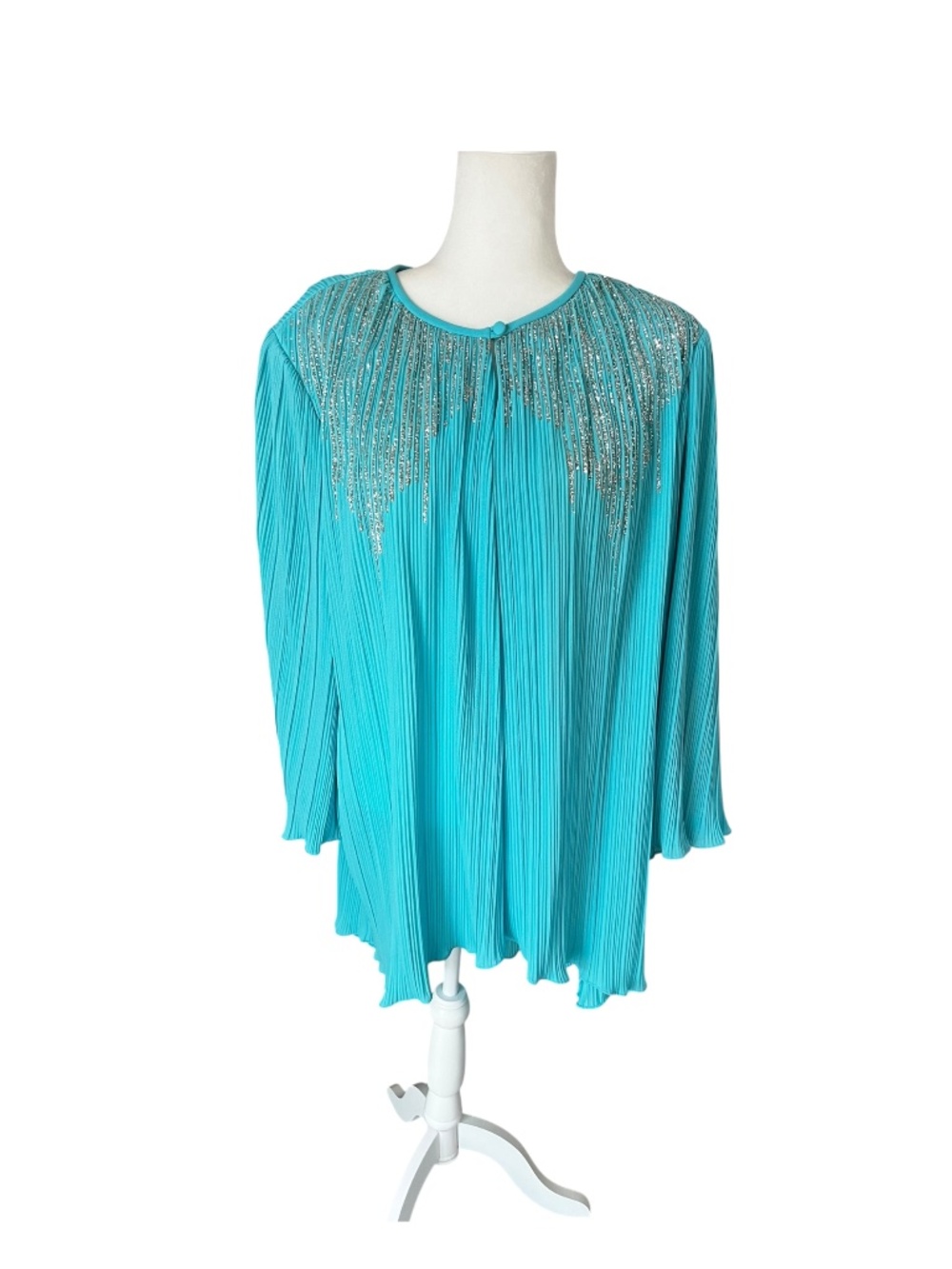 Vintage Gilberti Turquoise Beaded Pleated Open Front Jacket Top | 70s 80s Mamma